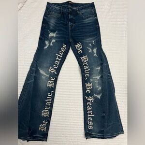 Blue Flared Jeans with Bold Text